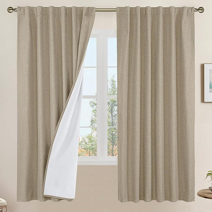 LAMIT 100% Blackout Natural Linen Curtains, 72 Inches Linen Textured Thermal by LAMIT