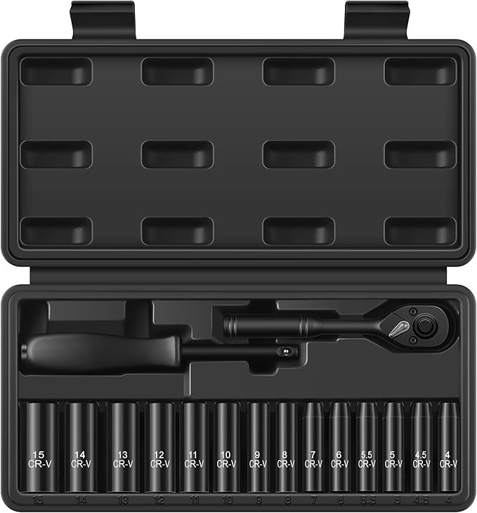 16-Piece 1/4" Drive Socket Set, Deep Sockets, 72-Tooth Ratchet Wrench, Drive by Reniteco