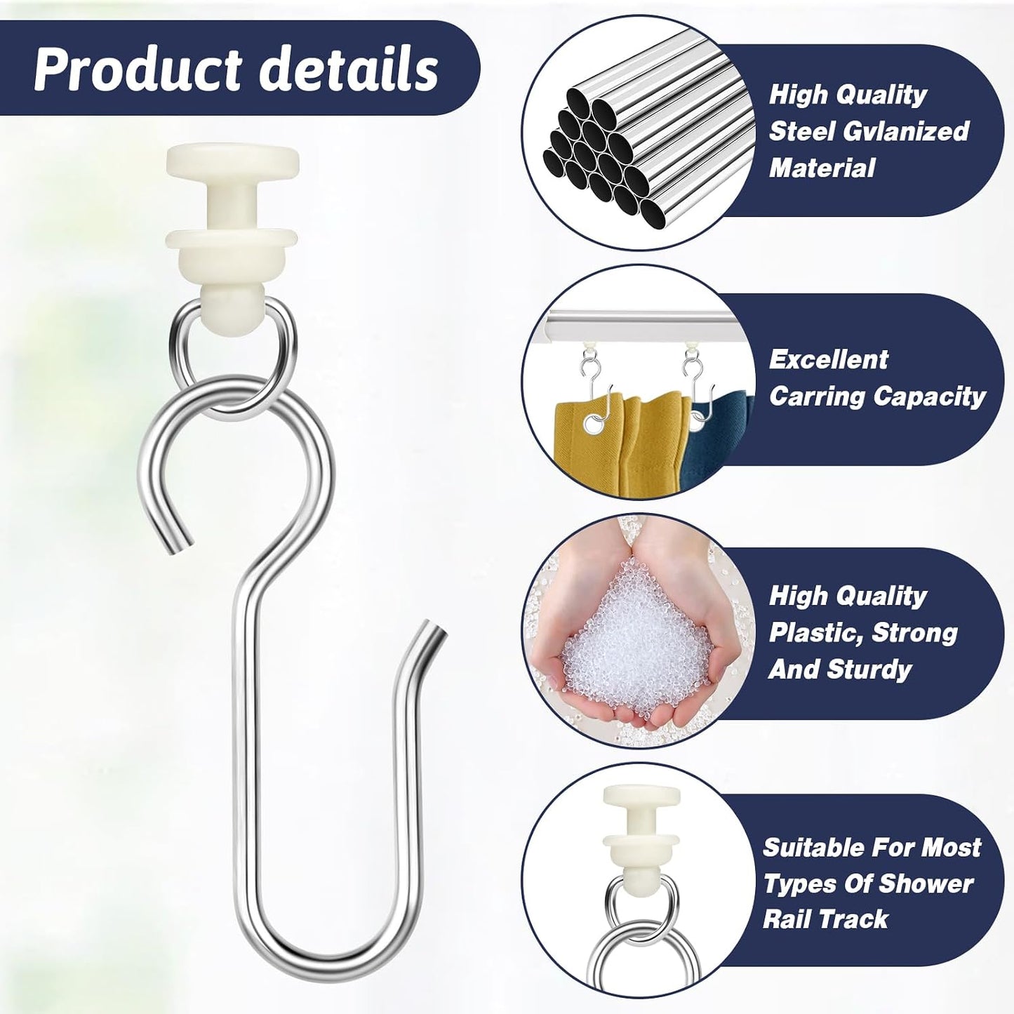 Jeffdad 100pcs Curtain Track Hooks Set, 50 Pieces Metal Curtain Hooks and Gliders for Standard Rails