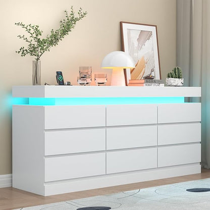 9 Drawer Dresser with Power Outlet, Dresser with LED Light, Modern Chest of by Gyfimoie