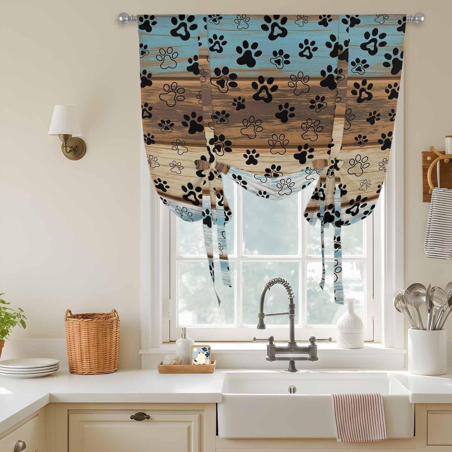 Cute Dog Claws Tie Up Curtains for Window, Farmhouse Blue Wooden Puppy Pawprints Thermal Insulated Balloon Shade Adjustable Rod Pocket Curtains Valance Panels for Kitchen Bathroom Café 52'' x 45''