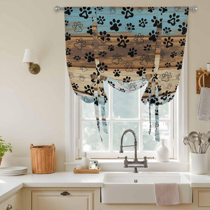 Cute Dog Claws Tie Up Curtains for Window, Farmhouse Blue Wooden Puppy Pawprints Thermal Insulated Balloon Shade Adjustable Rod Pocket Curtains Valance Panels for Kitchen Bathroom Café 52'' x 45''