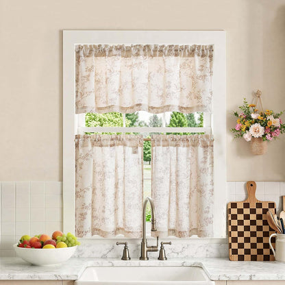 jinchan Floral Kitchen Curtains Set 24 Inch Length Farmhouse Linen Cafe Curtains and Valance Set for Living Room Bathroom Small Window Treatments Rod Pocket 3 Panels Taupe on Linen
