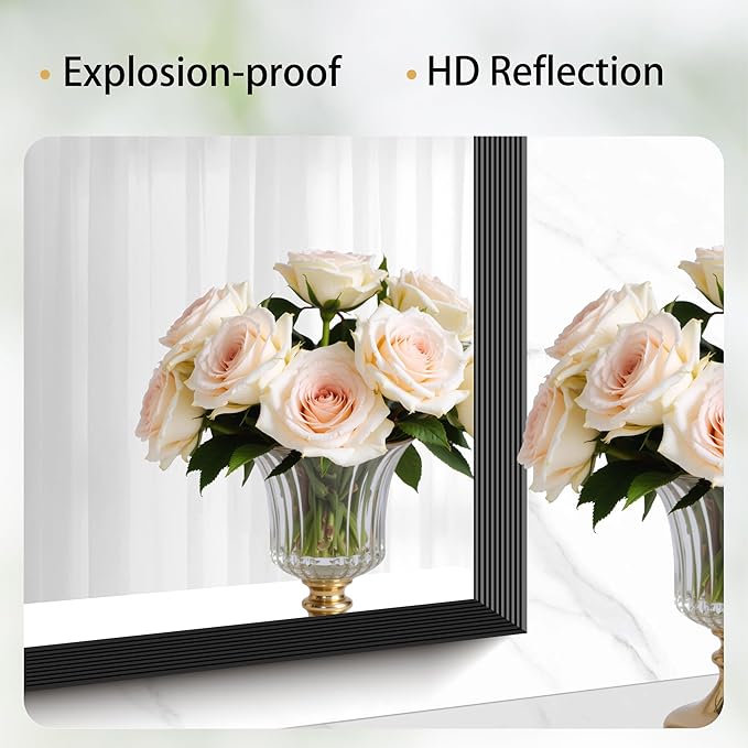 Black Bathroom Mirror 20 x 48 Inch Rectangle Wave Beveled - Image 4