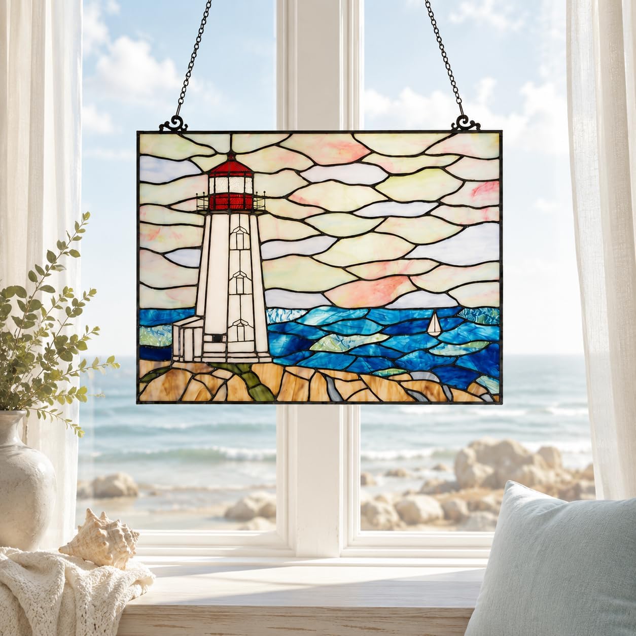 Bieye W10066 Peggy's Point Lighthouse Tiffany Style Stained Glass Window Hangings Panel, 19" W x 14.4" H