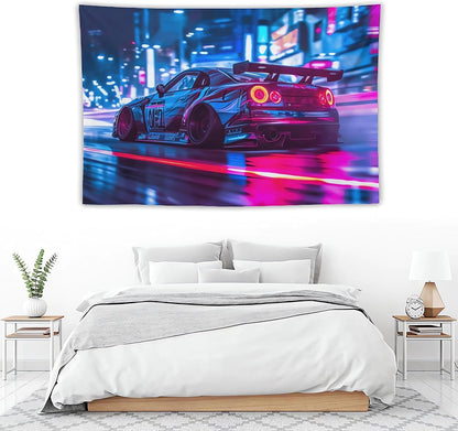 ANMOGID R35 Car Tapestry for Men Teen Boys, Neon Sports Car Tapestries City Night Wall Hanging Aesthetic Decoration for Bedroom Living Room Dorm Rainy Night Light Track Wall Art Decor 59"x39"