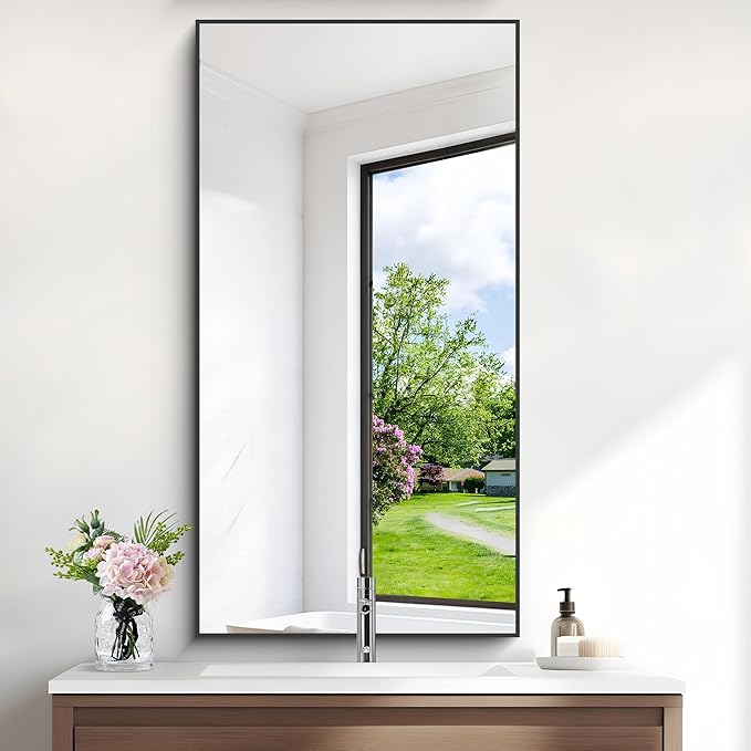 48x24In Black Bathroom Mirror for Wall, Rectangle Mirrors - Image 2