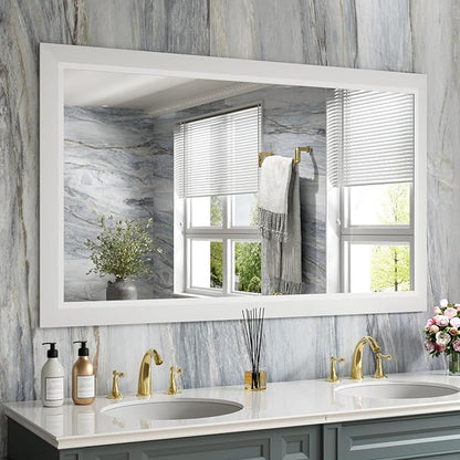 Amorho Bathroom Mirror, 50X30 Inch White Thick Metal Framed Wall Mirrors by Amorho
