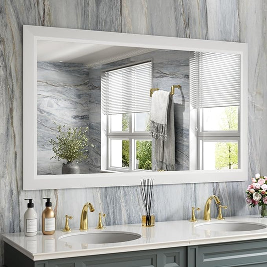 Amorho Bathroom Mirror, 50X30 Inch White Thick Metal Framed Wall Mirrors by Amorho