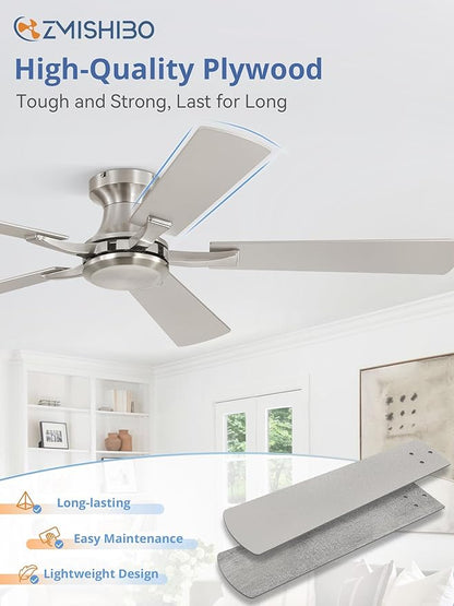 ZMISHIBO 52 Inch Ceiling Fan No Light, Flush Mount Low Profile, Modern Nickel - Image 6