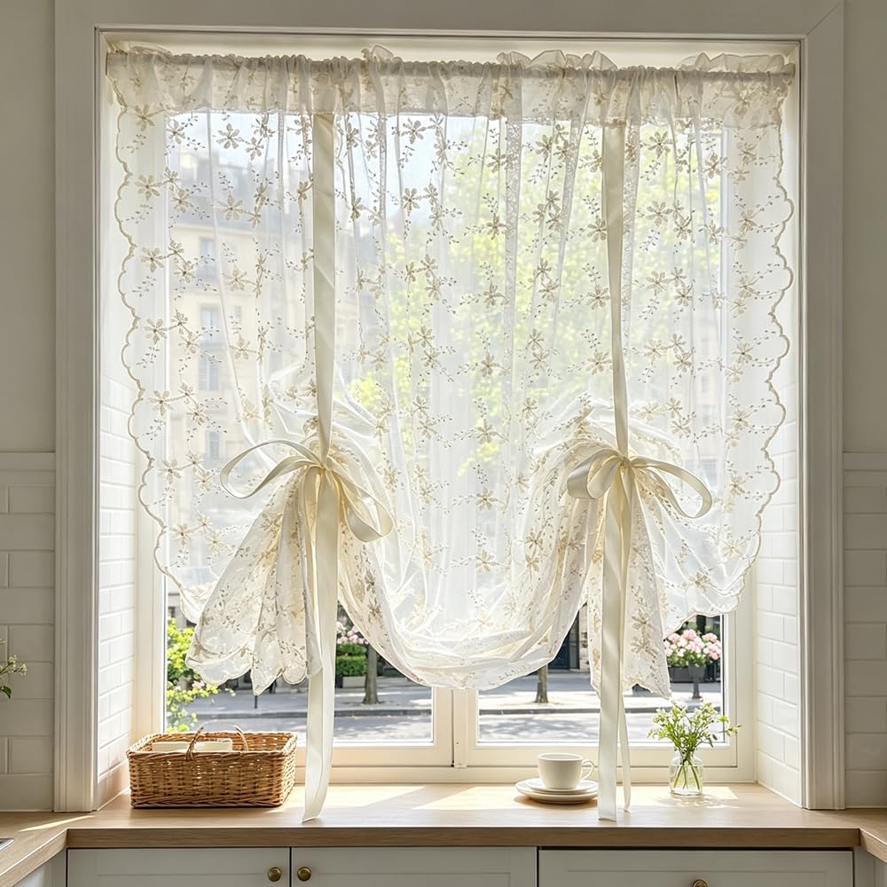Beige Romantic Little Floral Woven Lace Tie Up Balloon Curtain for Kitchen | Liftable Tier Roman Blind Scallop Edge Lace Cafe Curtain Victorian Drapes for Small Window Balcony Doorway Rod Pocket