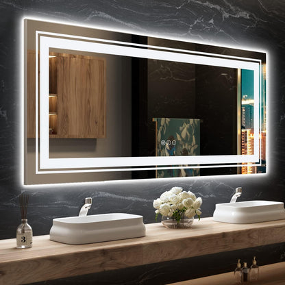 Snowdool 71x31 LED Bathroom Mirror with Front and Backlight, Dimmable Lighted Bathroom Vanity Mirror with Anti-Fog, Memory Function,Tempered Glass(Horizontal/Vertical)