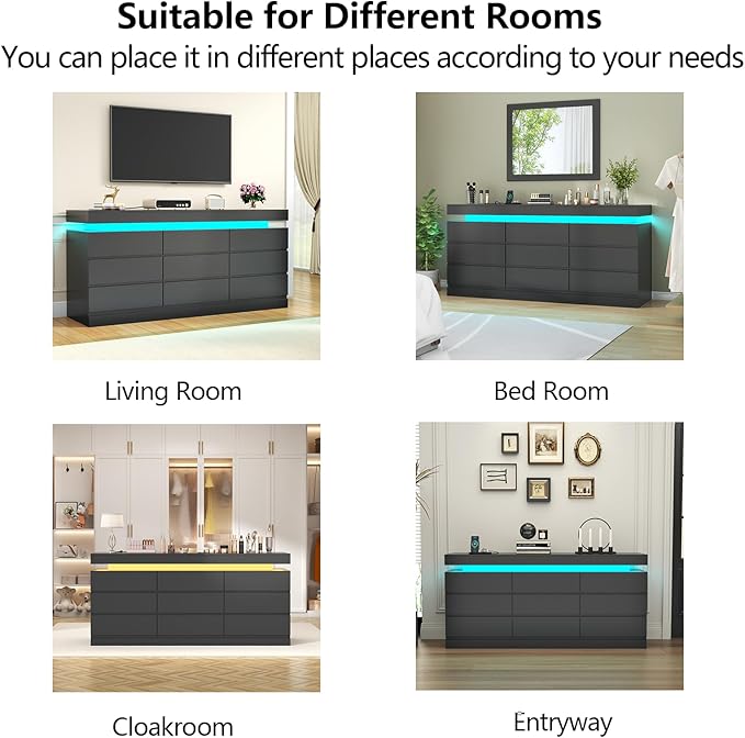 9 Drawer Dresser with Power Outlet, Dresser with LED Light, Modern Chest of - Image 7