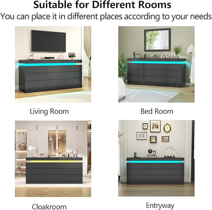 9 Drawer Dresser with Power Outlet, Dresser with LED Light, Modern Chest of - Image 7