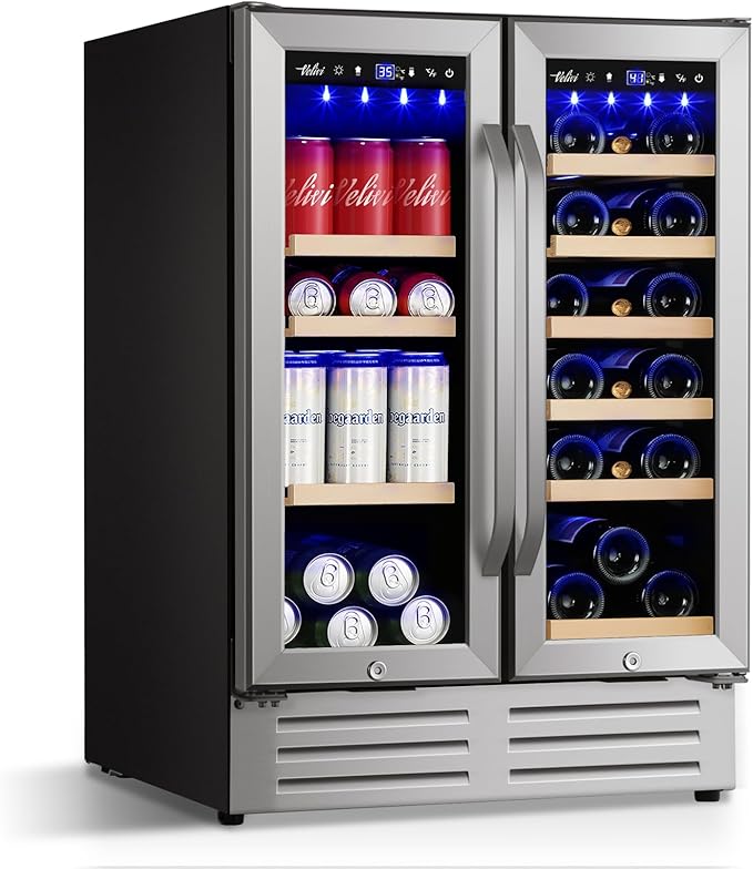 24 Inch Beverage Refrigerator Undercounter, Dual Zone Wine and Beverage Cooler by Velivi