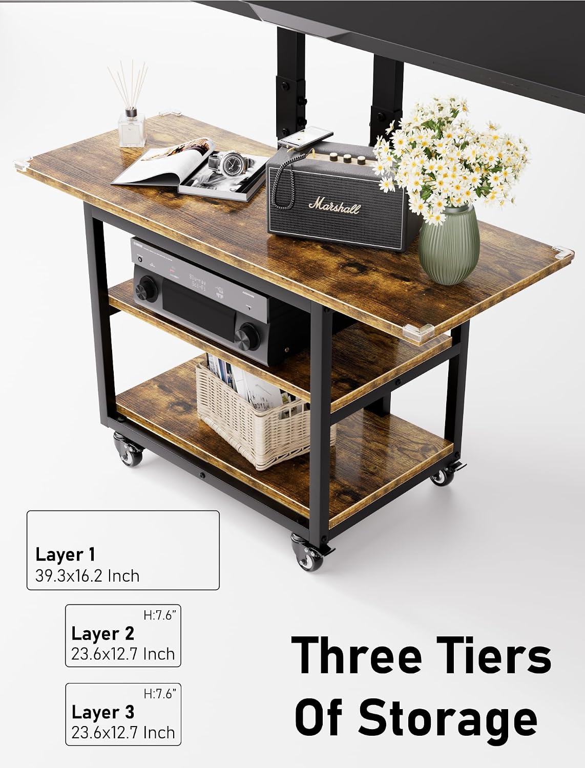 Heavy Duty Mobile TV Cart with 3-Tier Shelves, Height Adjustable Rolling TV S...
