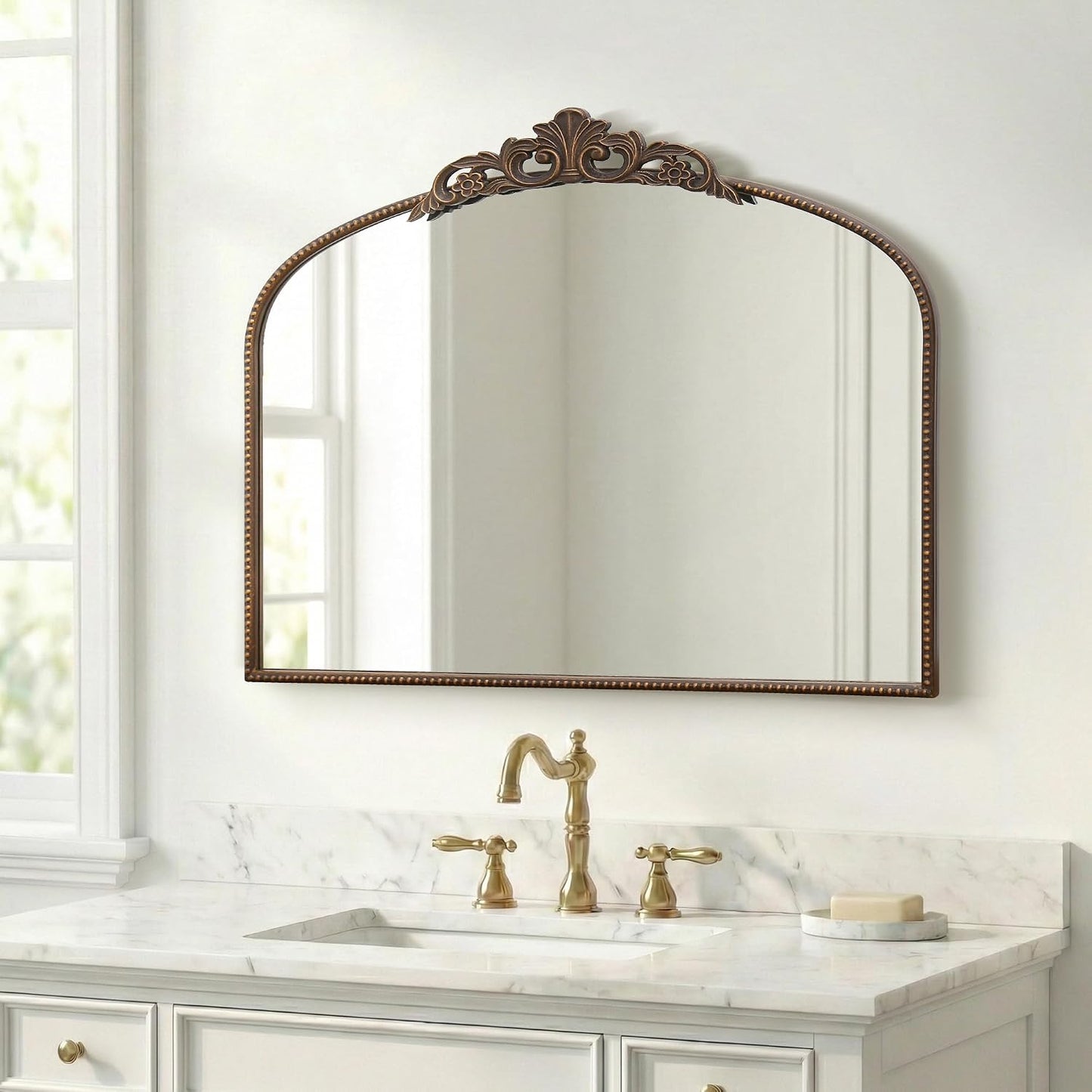 Micasso Vintage Bronze Wall Mirror: 40"x29" Baroque Antique Arched Mirror | Traditional Ornate French Decorative Mirror for Bedroom/Bathroom/Fireplace/Entryway/Hallway/Dresser/Vanity/Mantel/Nightstand