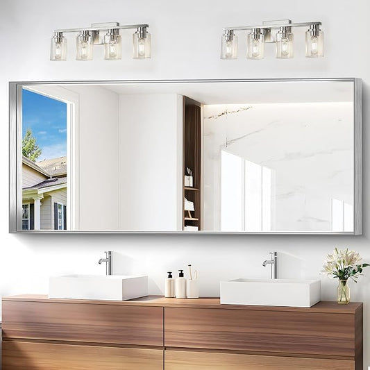 Silver Bathroom Mirror, 72x30 Inch Rectangular Deep Frame Mirror, Large Wall by Unknown