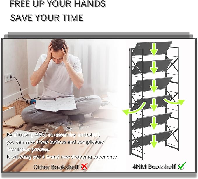 4NM 6 Tiers No Assembly Book Shelves, 61.8" H Folding Bookshelf Bookcase Open - Image 7