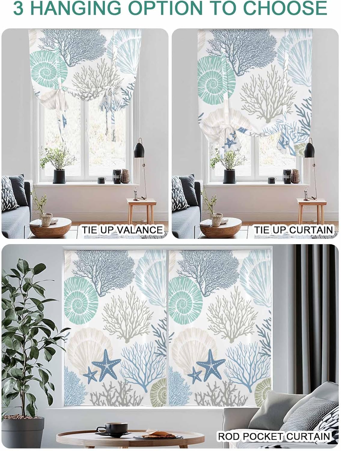 Ocean Coral Starfish Tie Up Window Shade Curtain,Nautical Coastal Shell Tie Up Curtain for Kitchen Windows,Marine Sealife Adjustable Valance Balloon Curtains,Blue Teal White Rod Pocket Panel 52x45in