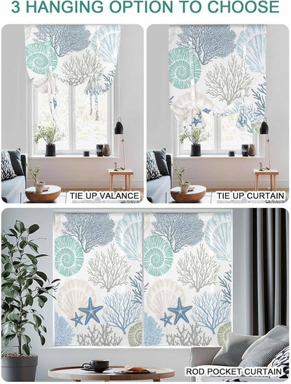 Ocean Coral Starfish Tie Up Window Shade Curtain,Nautical Coastal Shell Tie Up Curtain for Kitchen Windows,Marine Sealife Adjustable Valance Balloon Curtains,Blue Teal White Rod Pocket Panel 52x45in