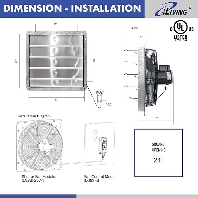 iLIVING 20" Wall Mounted Shutter Exhaust Fan, Automatic Shutter, - Image 5