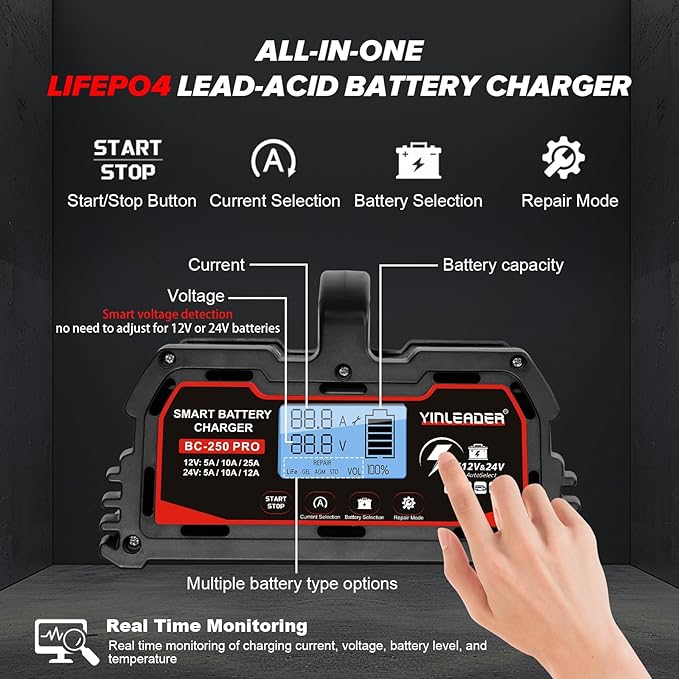 Battery Charger 25A, 12V/24V Lead Acid Smart Battery Charger, 12V LiFePO4 Car - Image 4