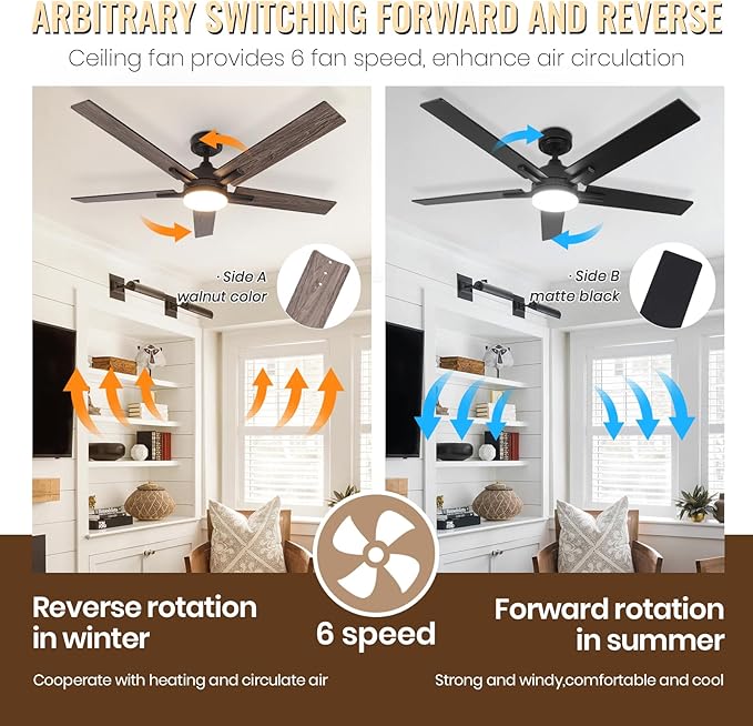 SODSEA Ceiling Fans with Lights, 52 Inch Black Ceiling Fan with Light and - Image 3