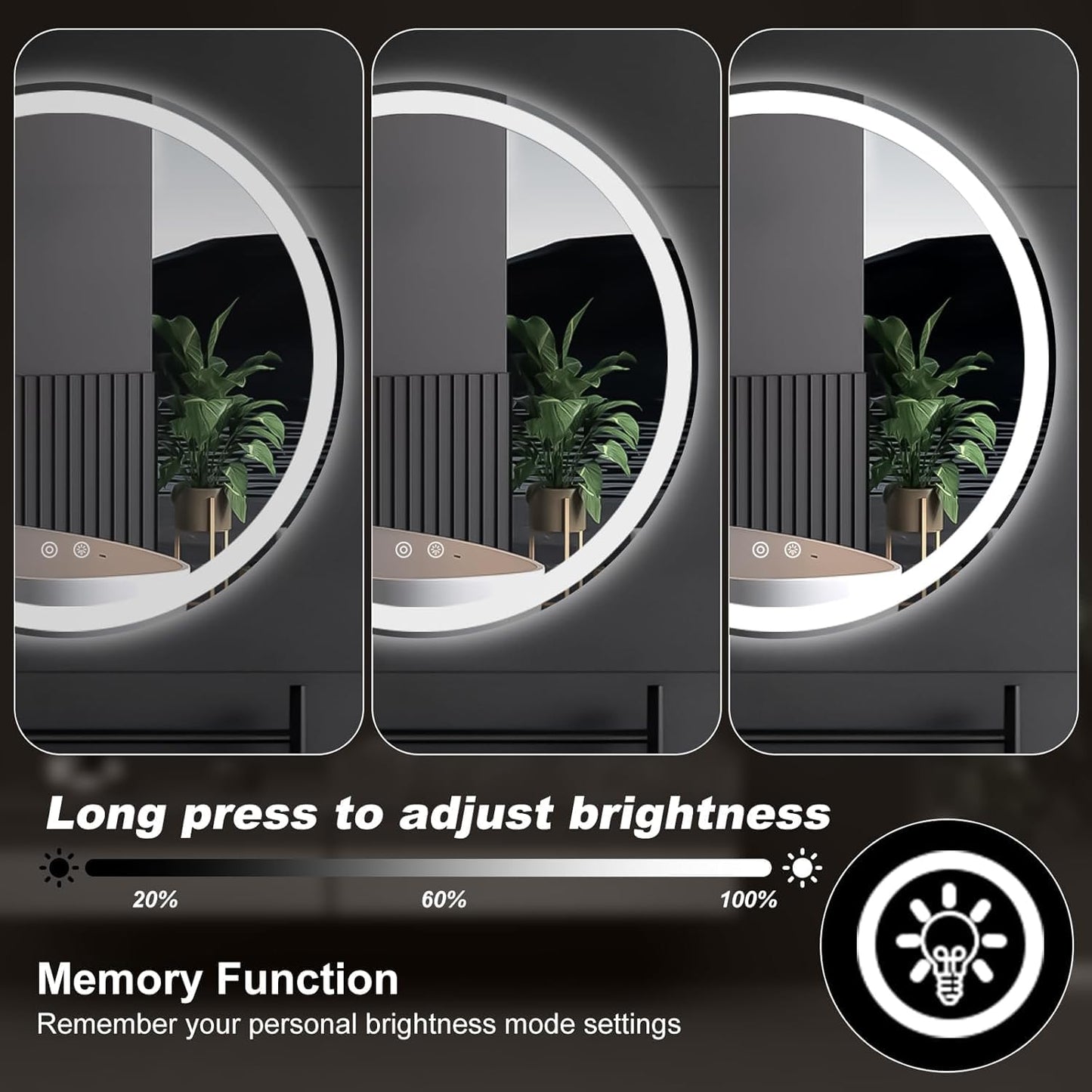 Simple Deluxe Round LED Bathroom Mirror with Lights, Smart Anti-Fog LED Bathroom Mirror with Circular Dual Lights and 3-Color Temperature Memory dimming (24inch)
