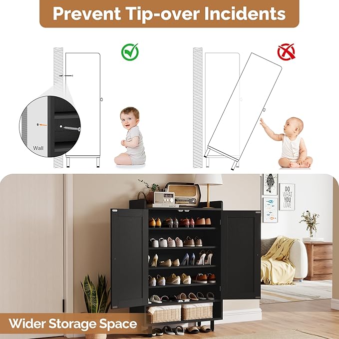 Farmhouse Shoe Cabinet with Doors, 6-Tier Wooden Shoe Organizer with Adjustable - Image 7