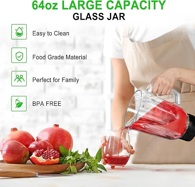 Professional Blender with 1200 Watts and 64 oz Glass Jar Kitchen Countertop - Image 6