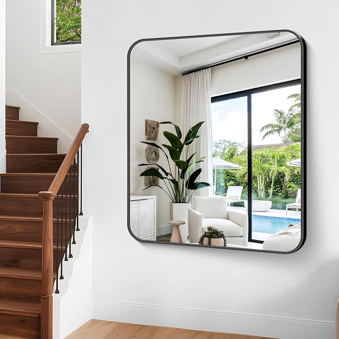 Bathroom Mirror, 48 x 40 inch Black Rectangle Wall Mirror, Metal Frame - Image 6