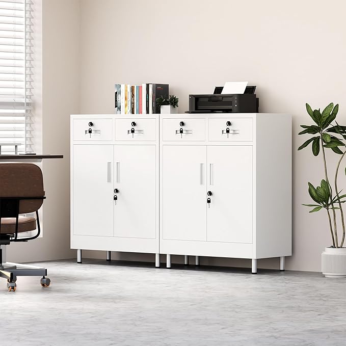 Metal Storage Cabinet with Locking Doors and 2 Drawers, Lockable Storage - Image 7