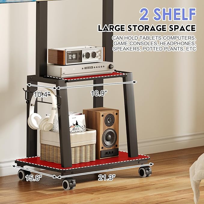Rolling TV Stand on Wheels for 23-60Inch Flat/Curved Screen TVs, Tilt Mobile TV - Image 5