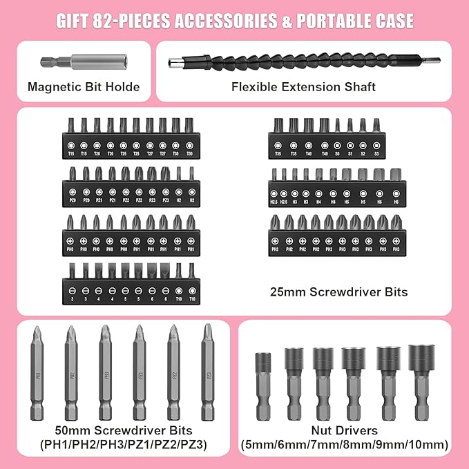 Enertwist Electric Screwdriver, 8V Max 10Nm Pink Cordless Screwdriver - Image 8