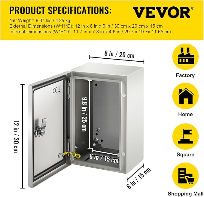 VEVOR NEMA Steel Enclosure 12×8×6, NEMA 4X Steel Electrical Box, IP66 - Image 7