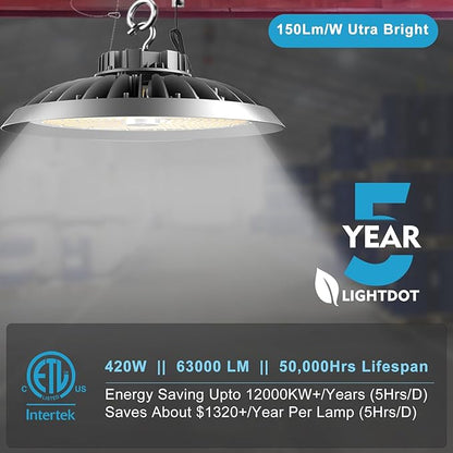 ACOHOOK 420W LED High Bay Light 5000K Daylight UFO Commercial Bay Light - Image 2