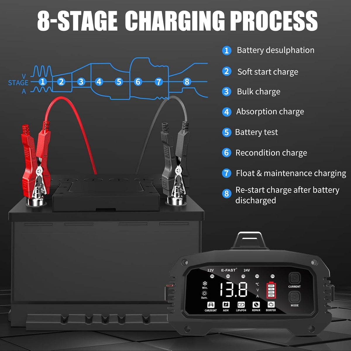 E-FAST 25A Smart Car Battery Charger, 12V/24V Automatic Automotive Battery Ma...