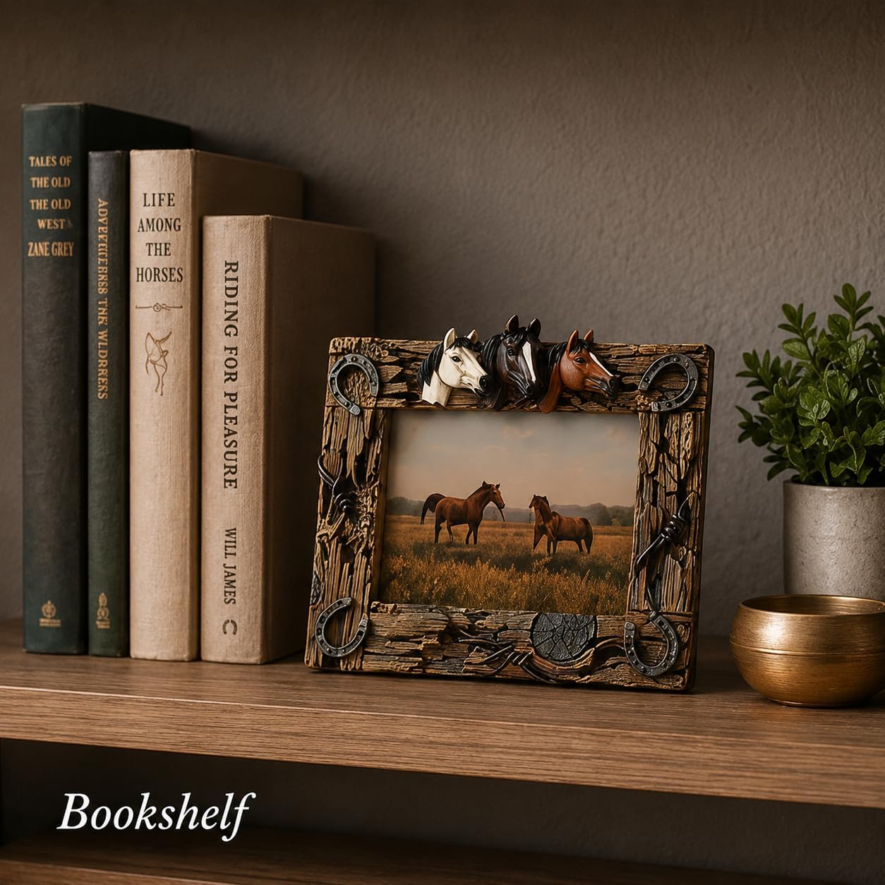 Comfy Hour Horse Figurine Photo Frame 10.7 Inch, Western Picture Frame for 5x7 Photos, Rustic Brown Resin Cowboy Decor for Desk, Mantel, Office
