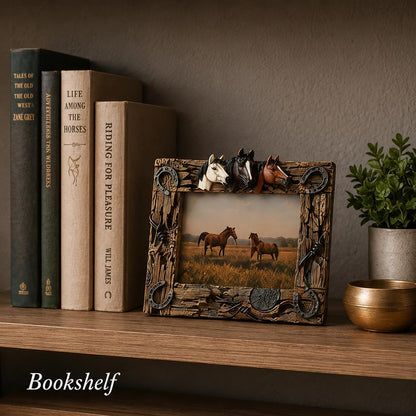 Comfy Hour Horse Figurine Photo Frame 10.7 Inch, Western Picture Frame for 5x7 Photos, Rustic Brown Resin Cowboy Decor for Desk, Mantel, Office