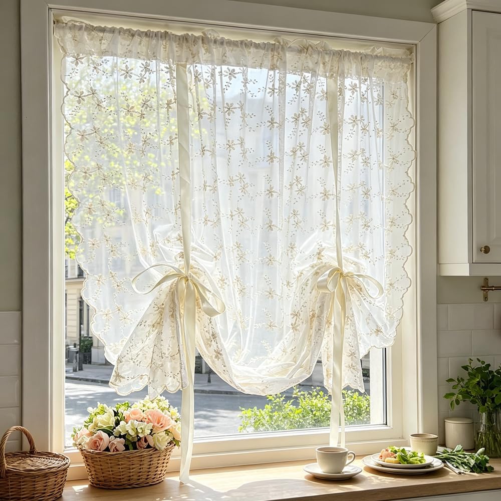 Beige Romantic Little Floral Woven Lace Tie Up Balloon Curtain for Kitchen | Liftable Tier Roman Blind Scallop Edge Lace Cafe Curtain Victorian Drapes for Small Window Balcony Doorway Rod Pocket