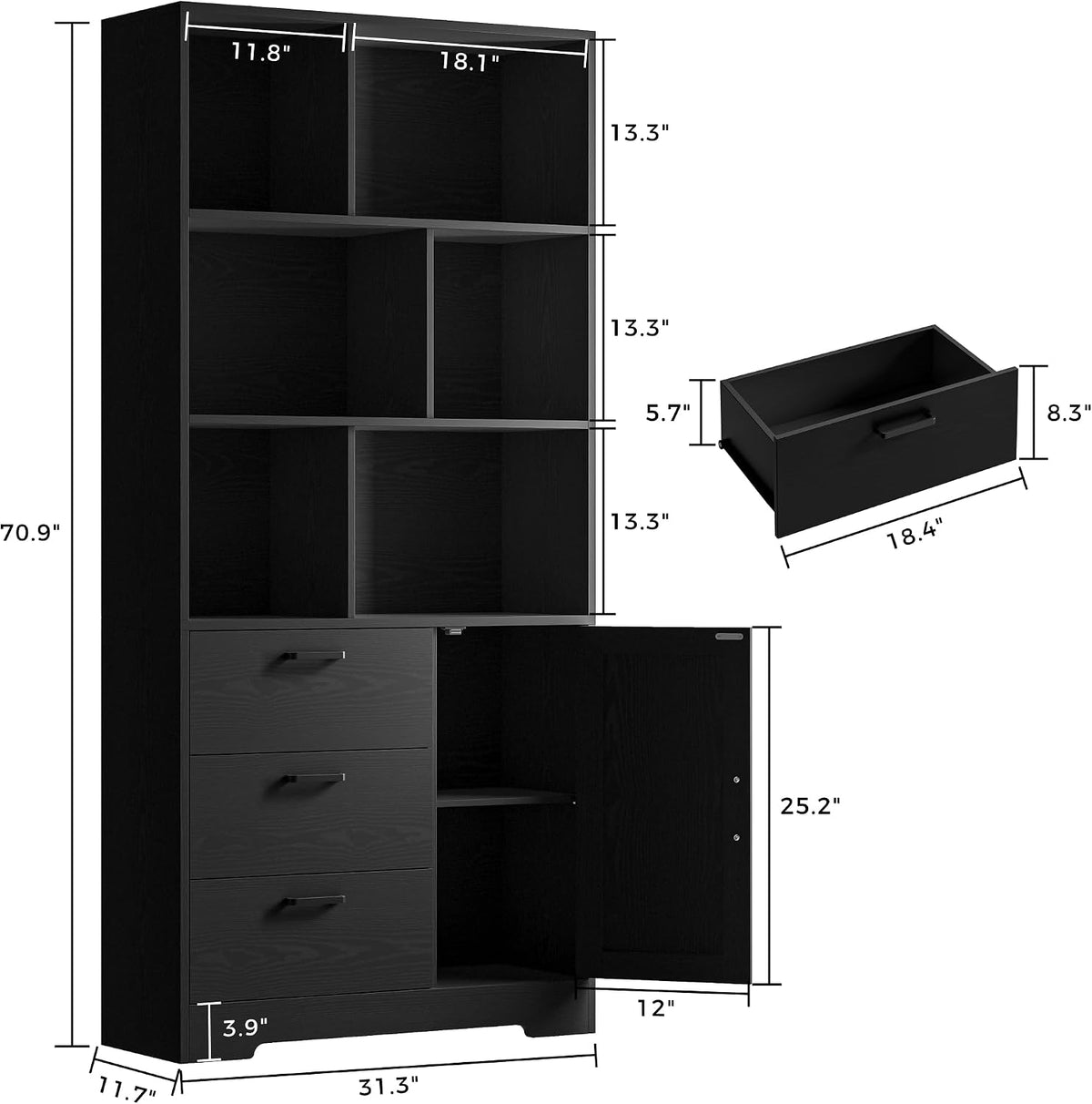 IRONCK 70.9-Inch Bookcase with Doors and 3 Drawers, Black