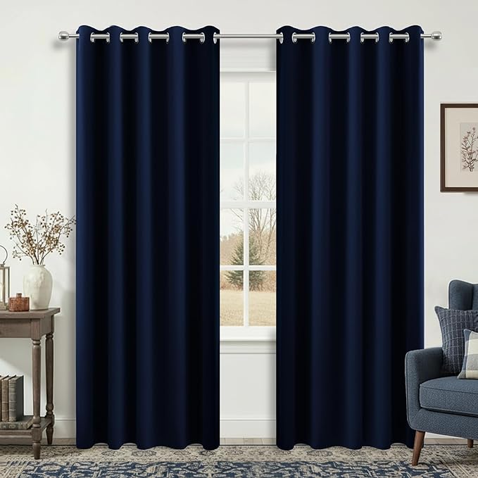 KOUFALL Navy Blue Extra Wide 100% Total Full Blackout Curtains by KOUFALL
