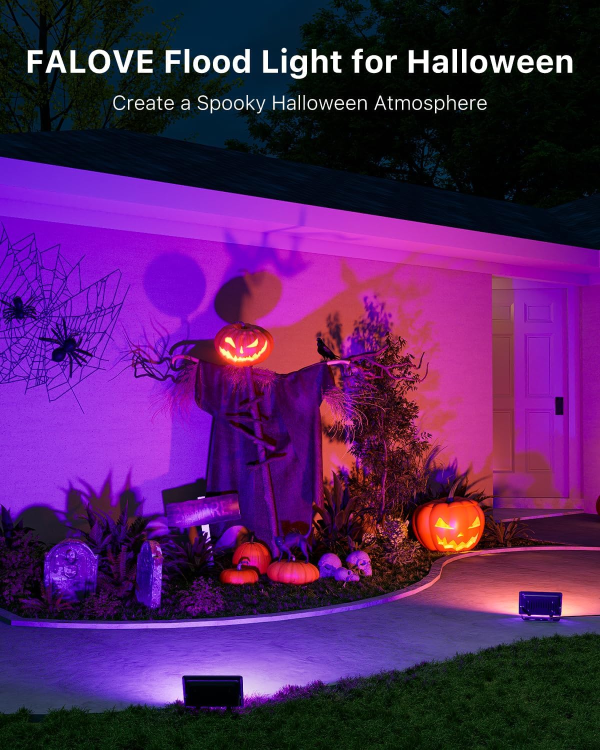 FALOVE 2 Pack Outdoor RGBW Flood Lights by Dual Remote for Halloween Decor