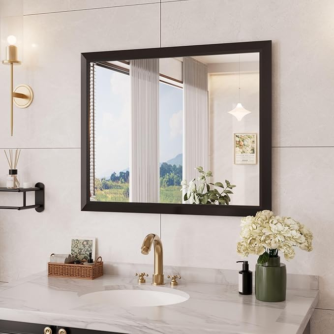 Amorho Bathroom Mirror Black, 30x36 Inch Thick Metal Framed Wall Mirrors by Amorho