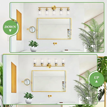 Guliaofo 5-Light Bathroom Vanity Lights, E26 Modern Brushed Gold Bathroom Light - Image 4