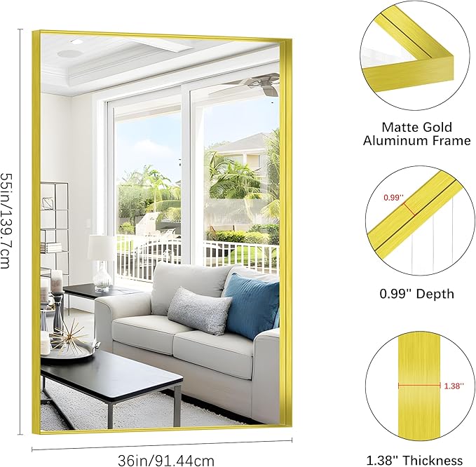 Gold Bathroom Mirror, 36x55 Inch Rectangular Deep Frame Mirror, Large Wall - Image 3