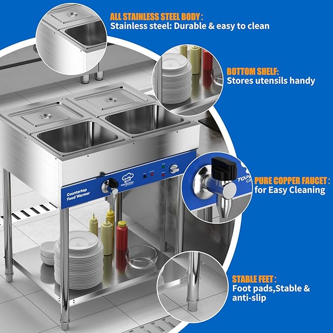 4-Pan Commercial Food Warmer, Electric Steam Table, 120V 1700W Stainless Steel - Image 5