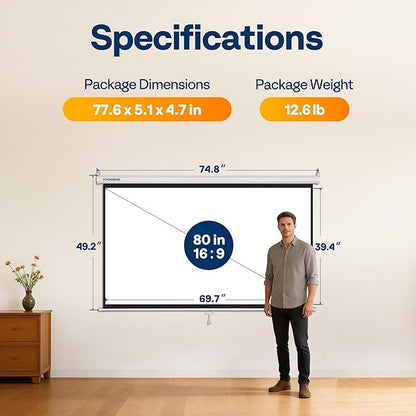 VIVOHOME 80 Inch 16:9 Pull Down Projector Screen, HD 4K Retractable Movie Screen - Image 8
