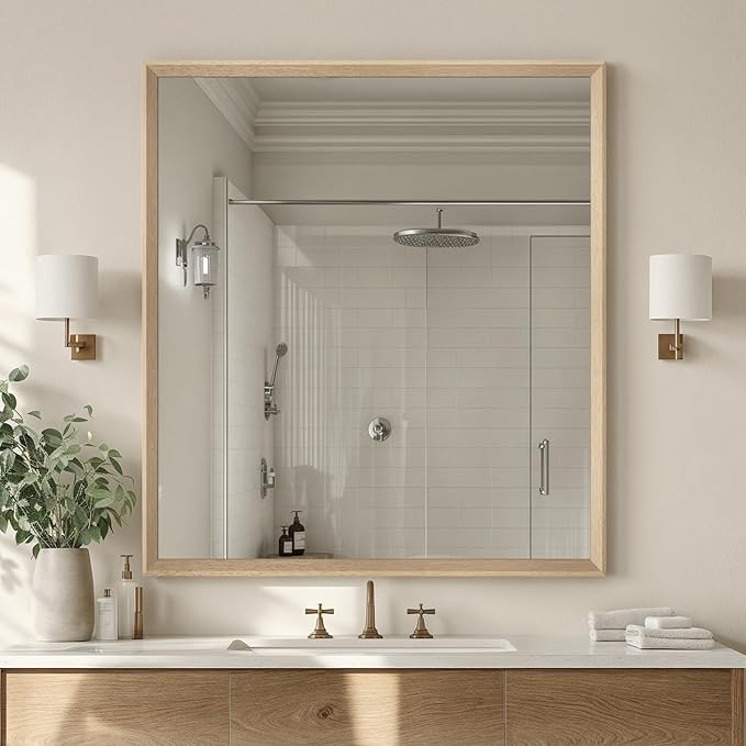 Oak Wood Effect Framed Wall Mirror, 36x40 Rectangle Mirror, Anti-desilvering by Ultrue